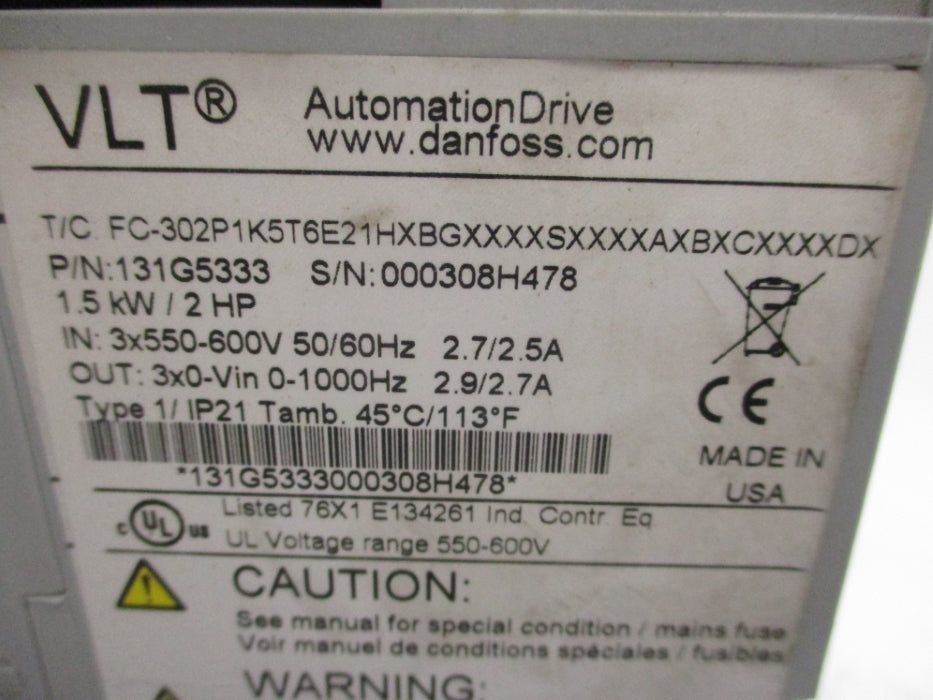 DANFOSS FC-302P1K5T6E21HXBGXXXXSXXXXAXBXCXXXXDX 131G5333 (AS PICTURED) UNMP