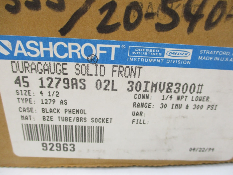 ASHCROFT 451279AS02L30IMV&300# 30-300PSI NSMP