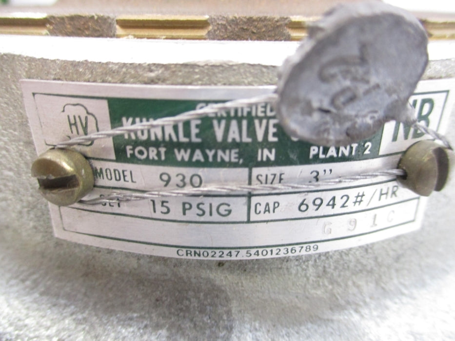 KUNKLE VALVE 930 15PSIG NSNP