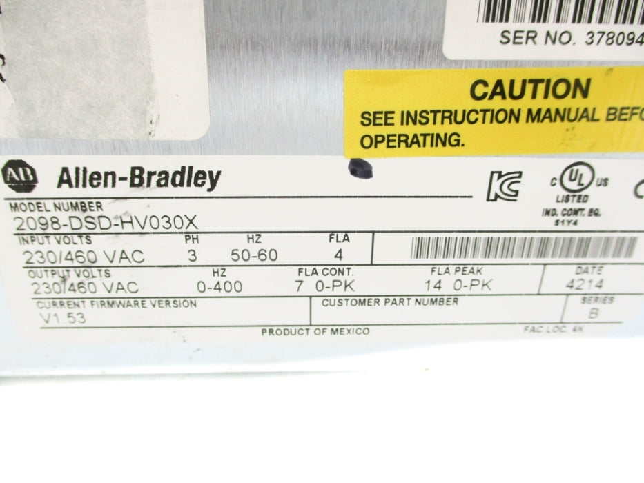 ALLEN BRADLEY 2098-DSD-HV030X SER. B F/W V1.53 REMAN