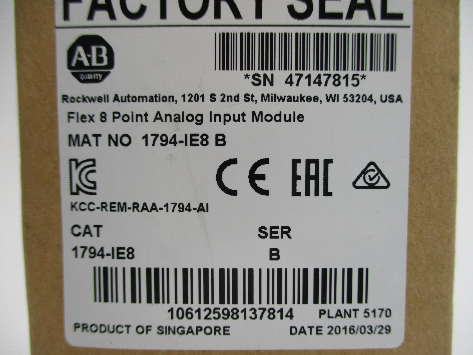 ALLEN BRADLEY 1794-IE8 SER. B DATE: 2016 NSFS