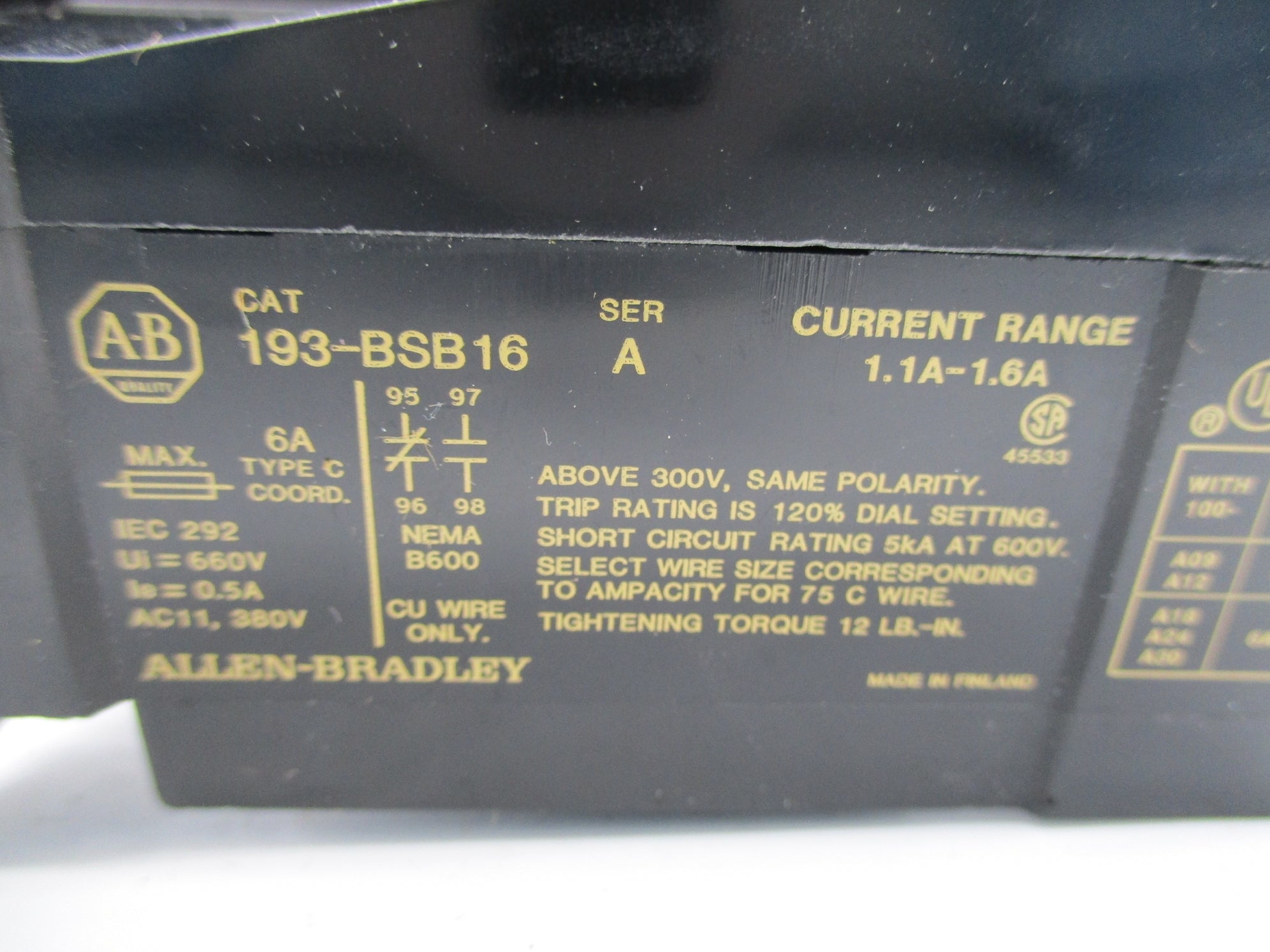INDUSTRIAL SPARE PART 193-BSB16 SER. A 1.1-1.6A UNMP