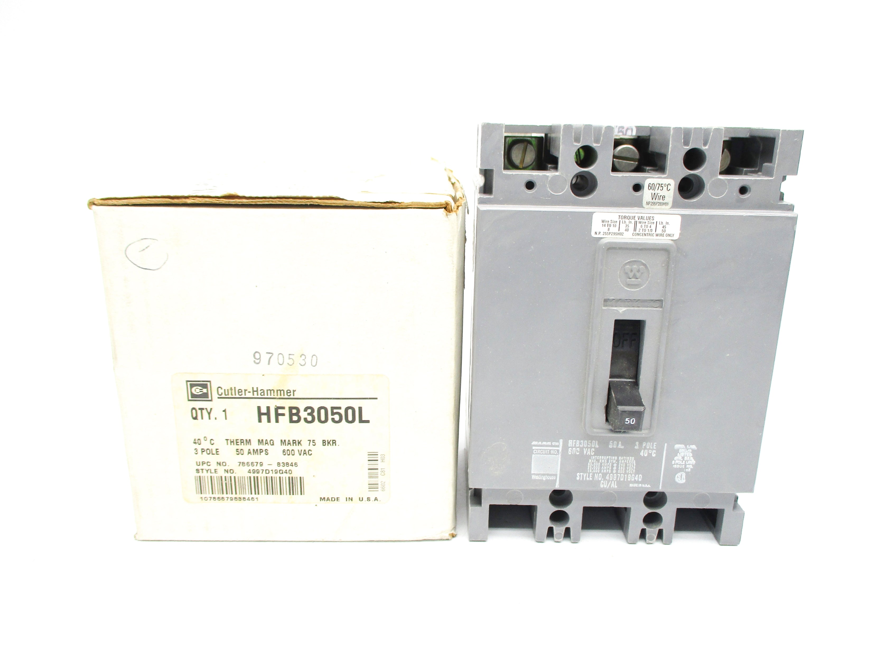 CUTLER HAMMER HFB3050L 50A 600VAC NSMP