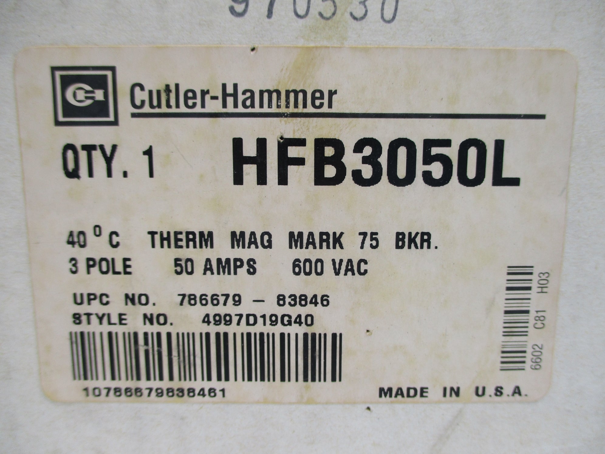 CUTLER HAMMER HFB3050L 50A 600VAC NSMP