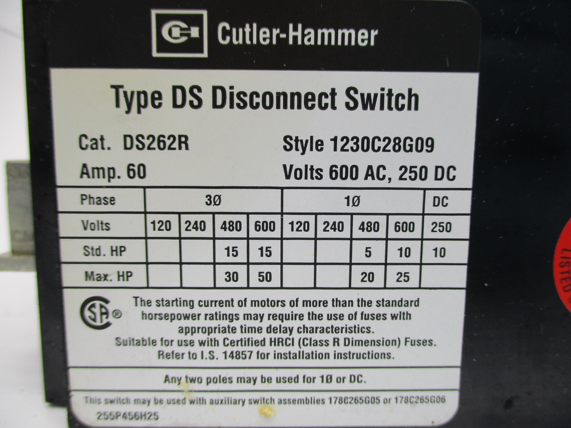CUTLER HAMMER DS262R 1230C28G09 NSNP