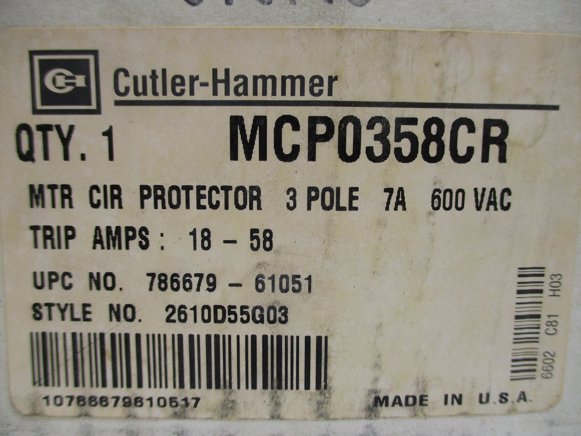 CUTLER HAMMER MCP0358CR 2610D55G03 7A 600VAC NSMP