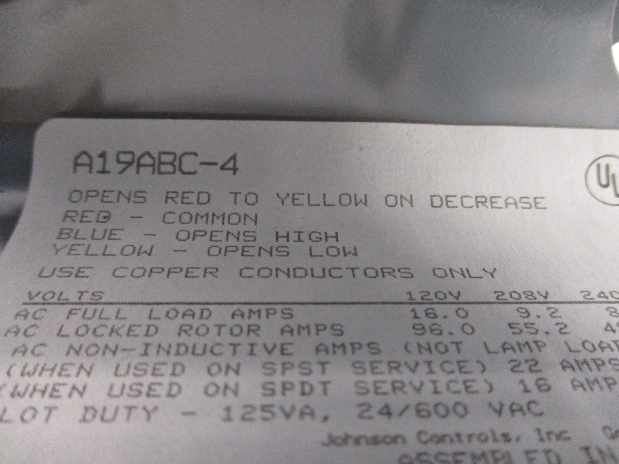 JOHNSON CONTROLS A19ABC-4 NSNP