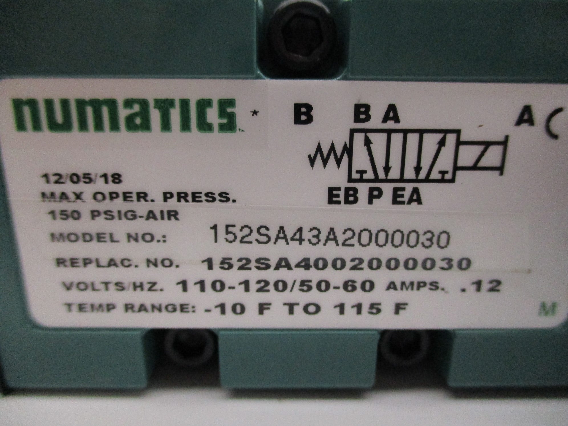 NUMATICS 152SA43A2000030 150PSIG 110/120V NSNP