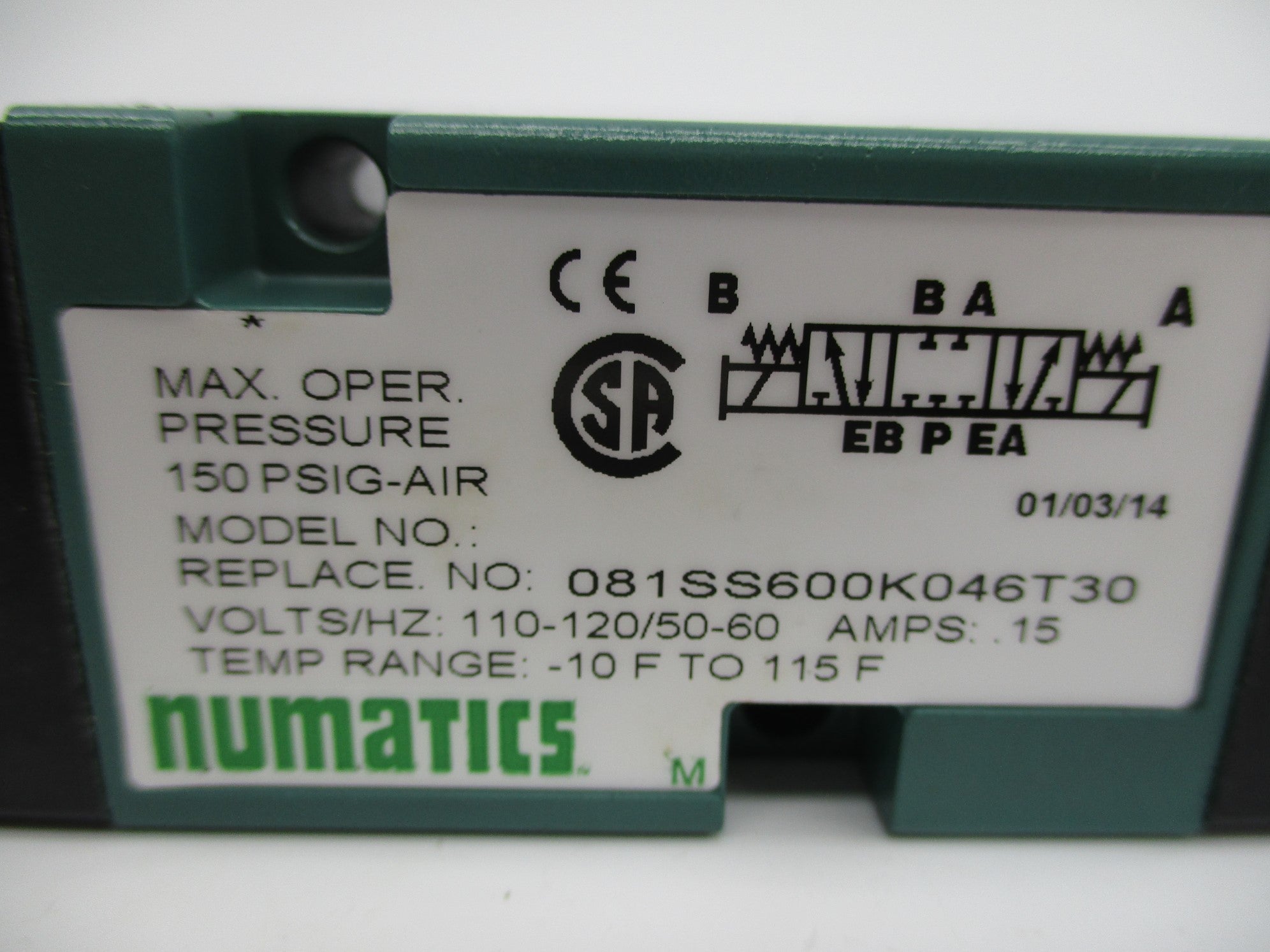 NUMATICS 081SS600K046T30 110/120V .15A 150PSI NSNP