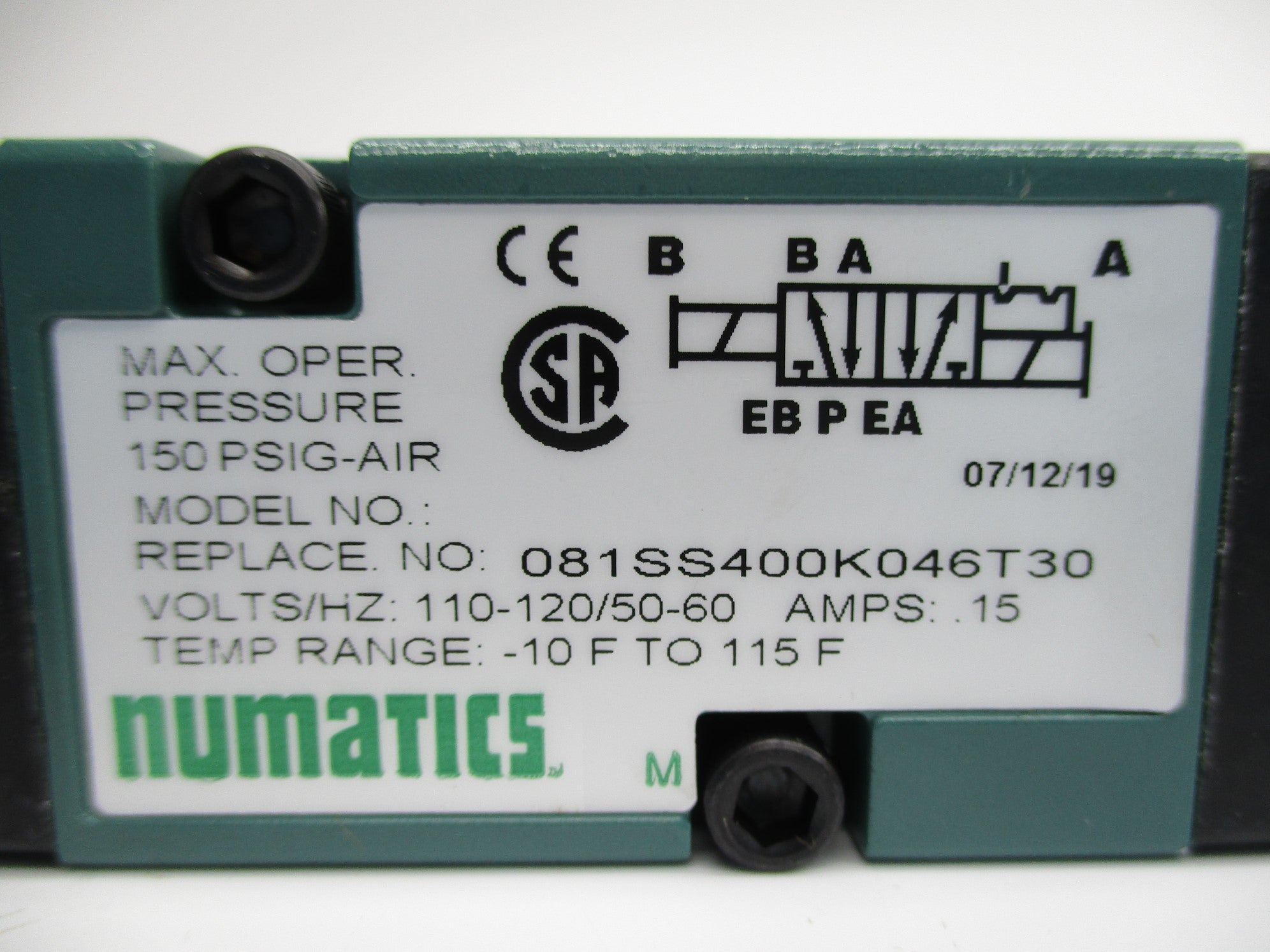 NUMATICS 081SS400K046T30 110-120V .15A 150PSI NSNP