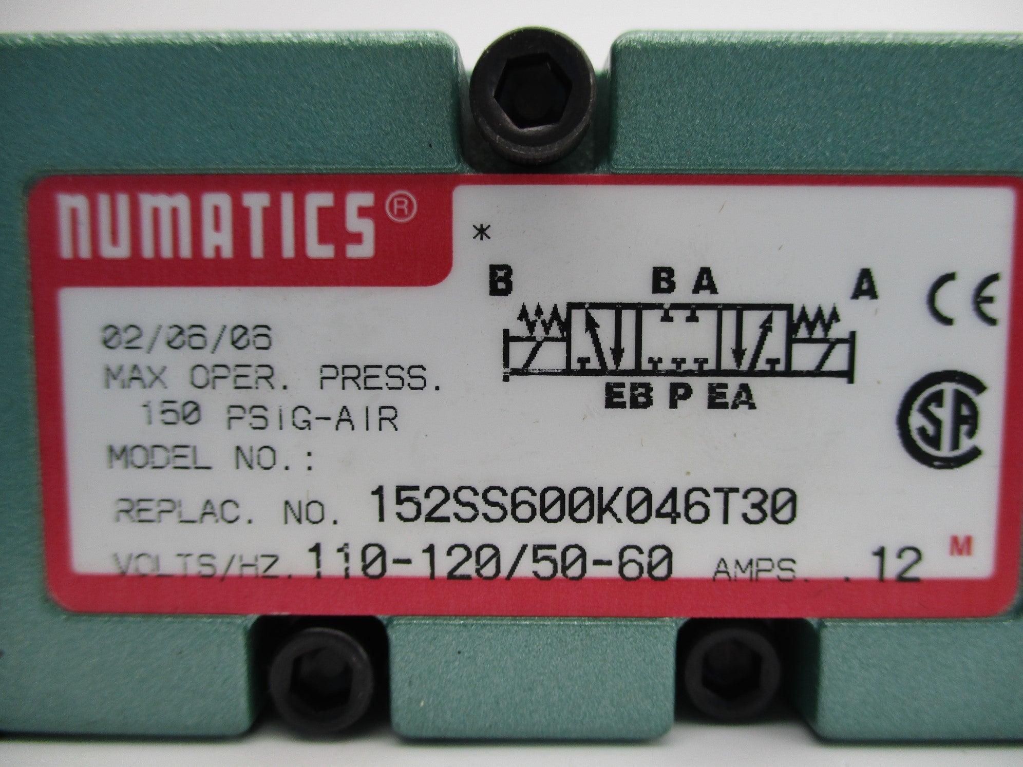 NUMATICS 152SS600K046T30 150PSIG 110/120V NSNP