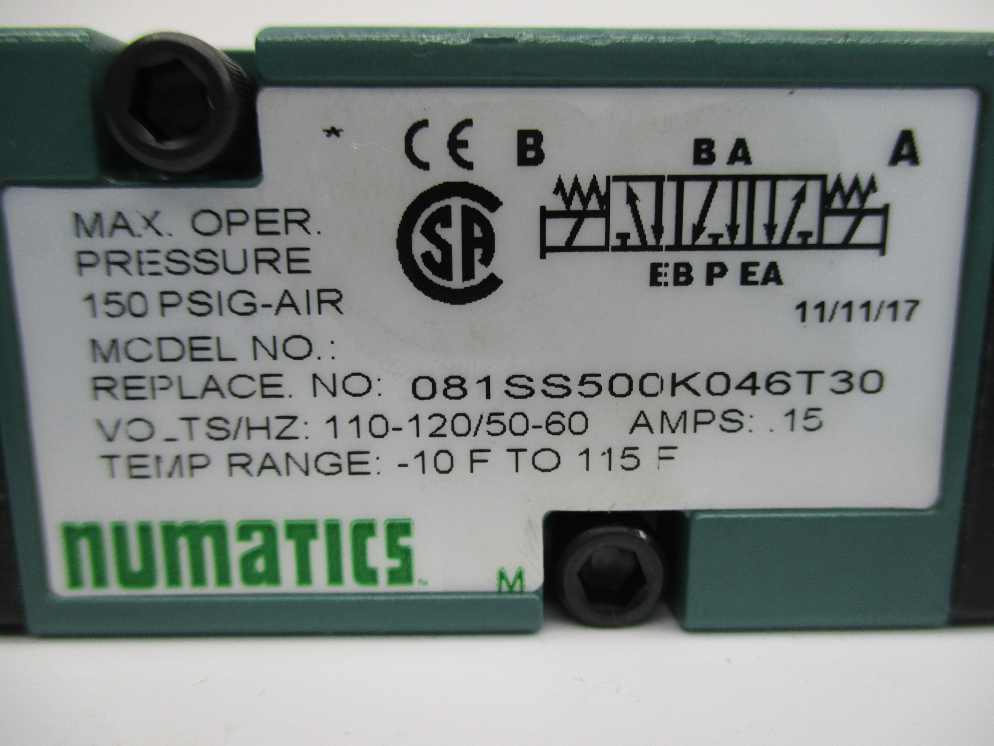 NUMATICS 081SS500K046T30 110/120V .15A 150PSI NSNP