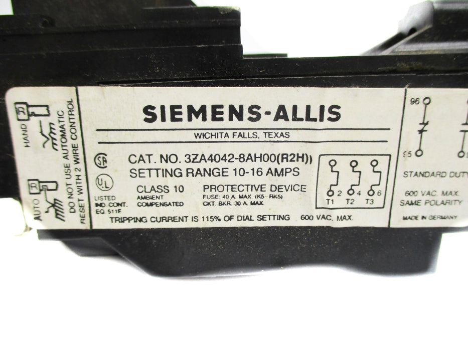 SIEMENS 3ZA4042-8AH00(R2H) 10-16A 600VAC UNMP