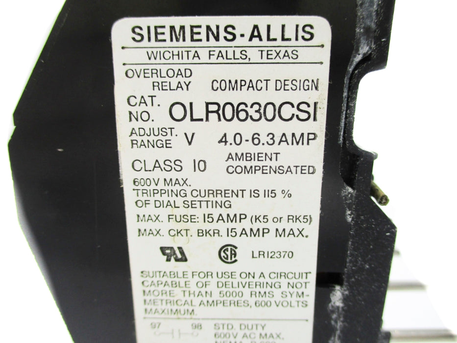 SIEMENS OLR0630CSI 4.0-6.3A 600V NSNP