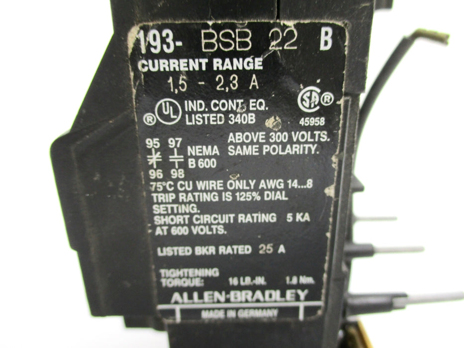 INDUSTRIAL SPARE PART 193-BSB22 SER. B 600V 1.5-2.3A UNMP