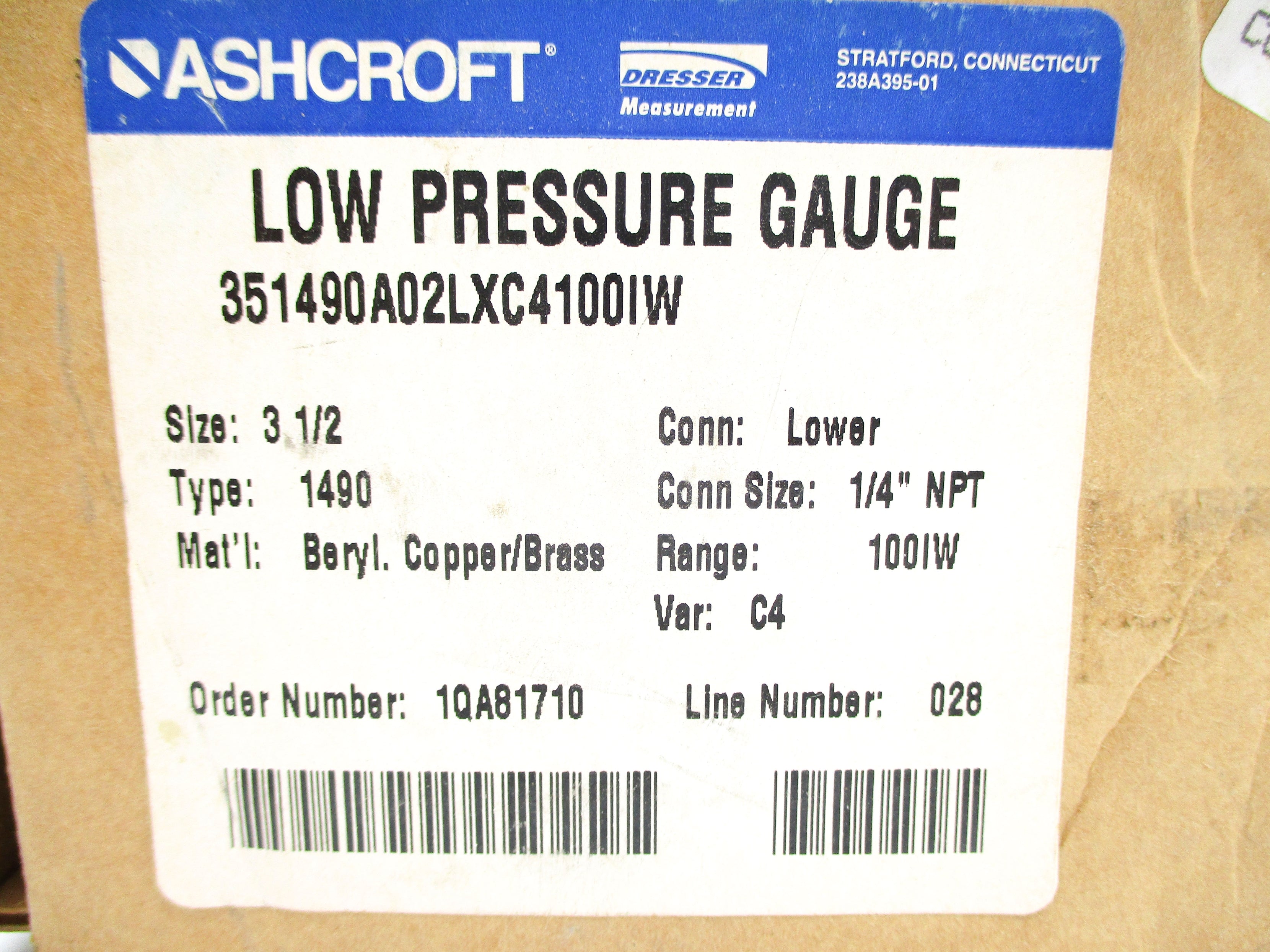ASHCROFT 351490A02LXC4100IW 0-100IW NSMP