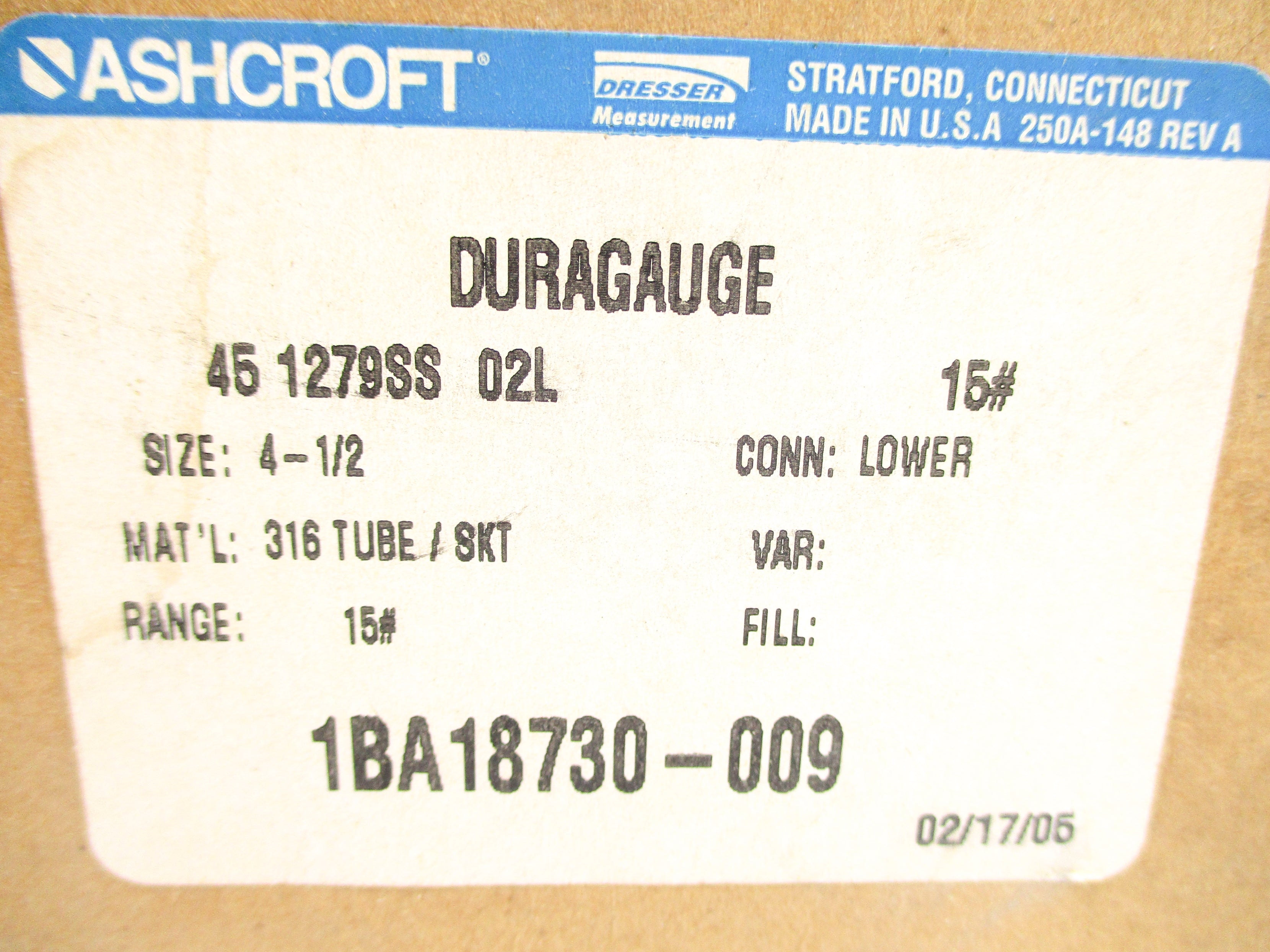 ASHCROFT 451279SS02L15# 0-15PSI NSMP