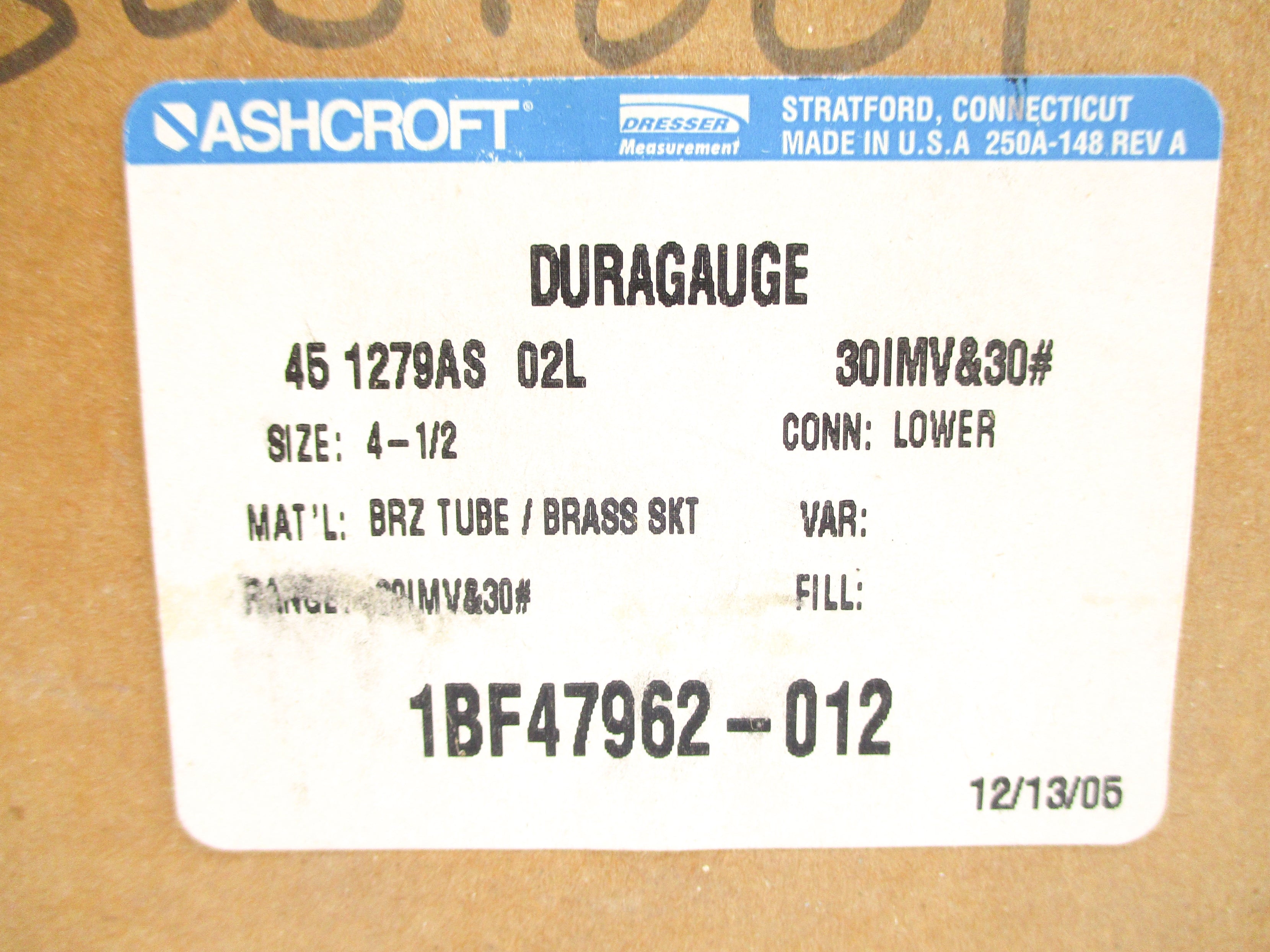 ASHCROFT 451279AS02L30IMV&30# 30IMV-30PSI NSMP