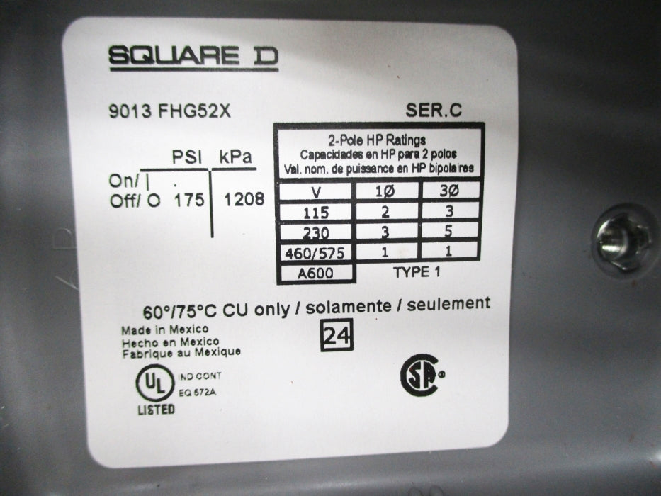 SQUARE D 9013FHG52X SER. C 175PSI NSNP
