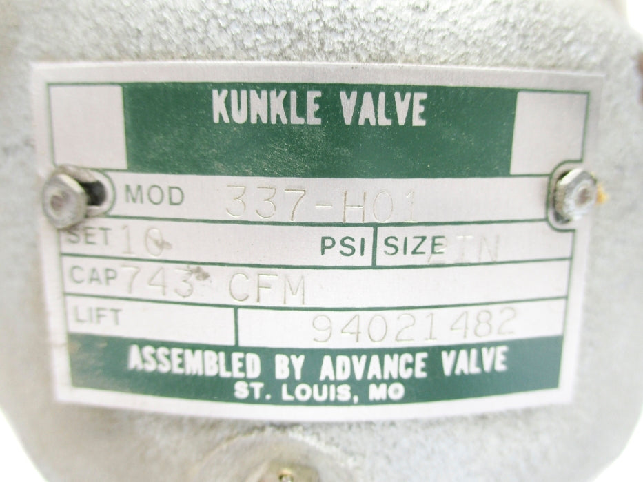 KUNKLE VALVE 337-H01 10PSI UNMP