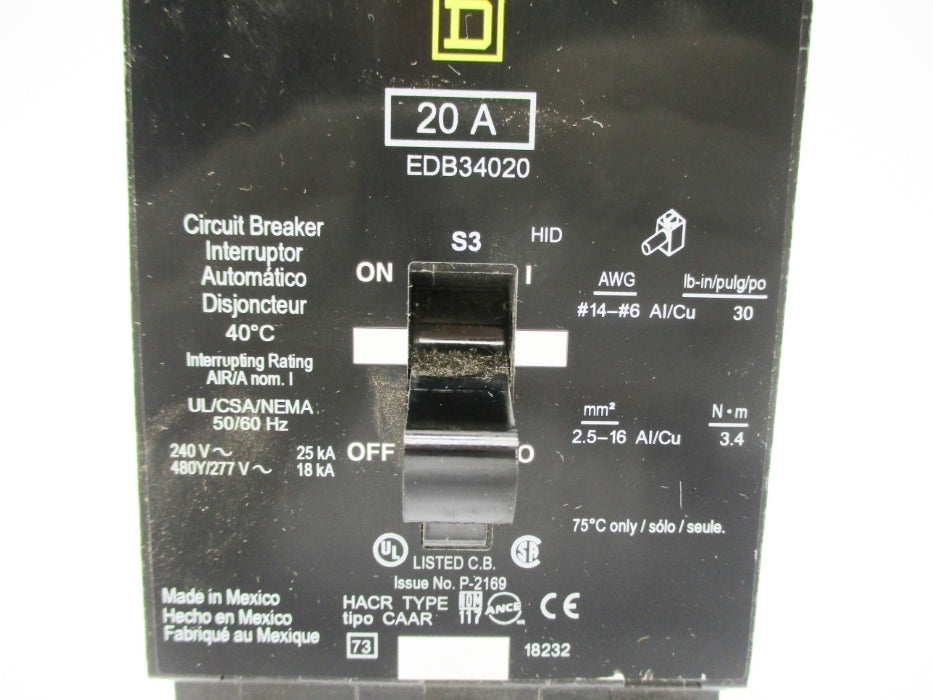 SQUARE D EDB34020 277V 20A NSNP