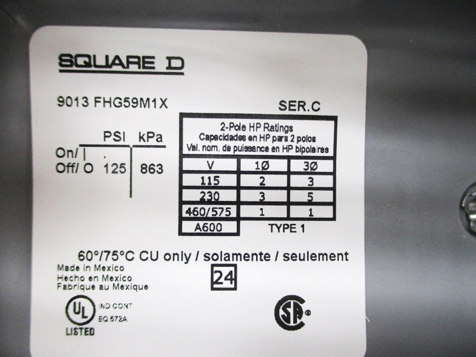 SQUARE D 9013FHG59M1X SER. C 125PSI NSNP