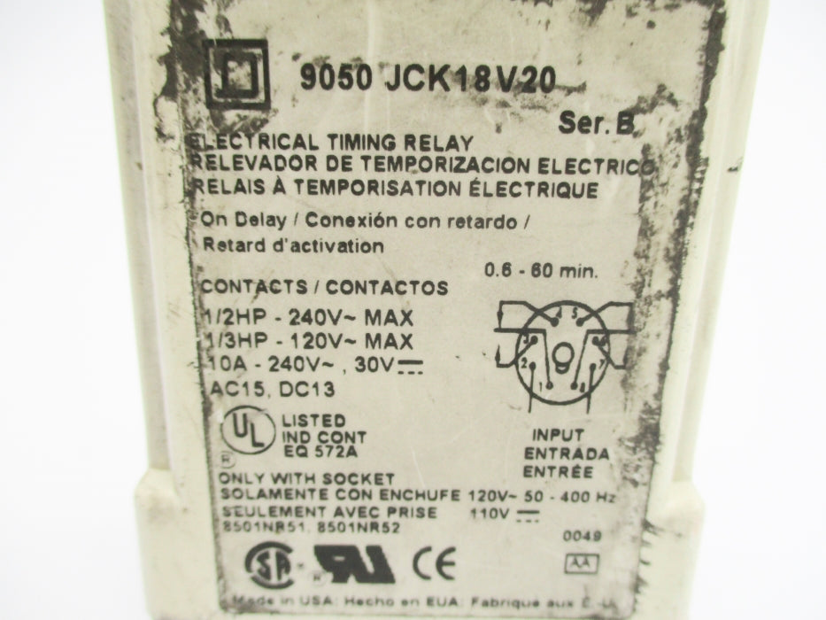 SQUARE D 9050JCK18V20 SER. B 120V 0.6S-60M UNMP