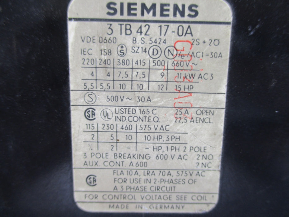 SIEMENS 3TB4217-0A 600VAC UNMP