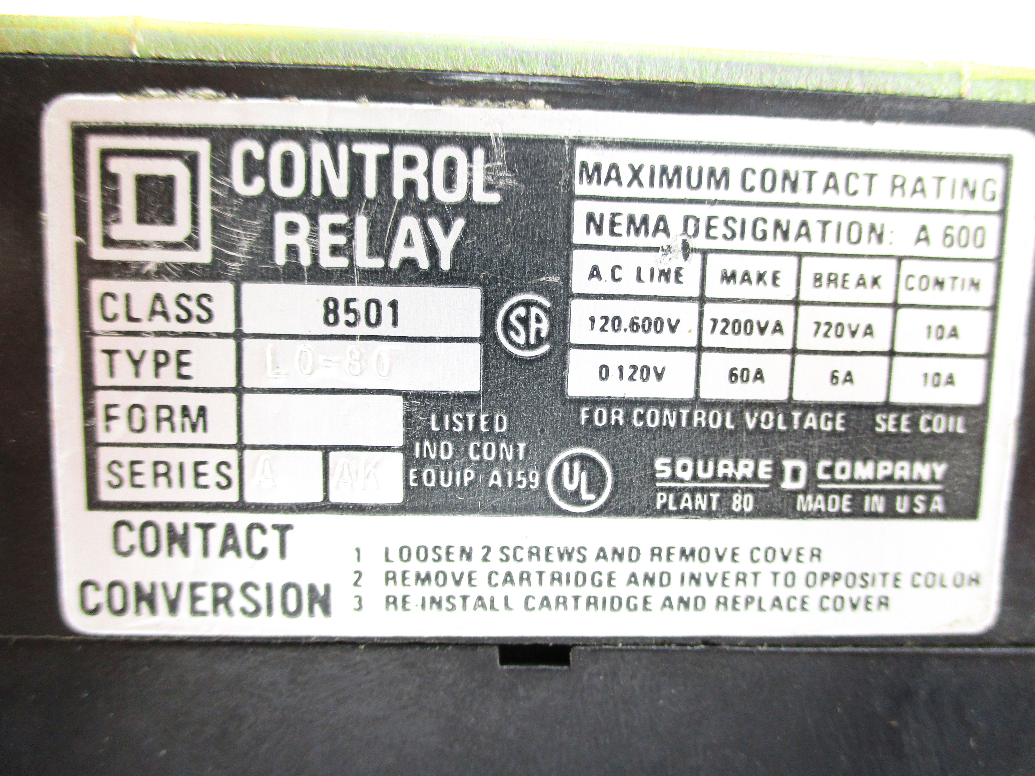 SQUARE D 8501LO80V02 SER. A 110-120V NSNP
