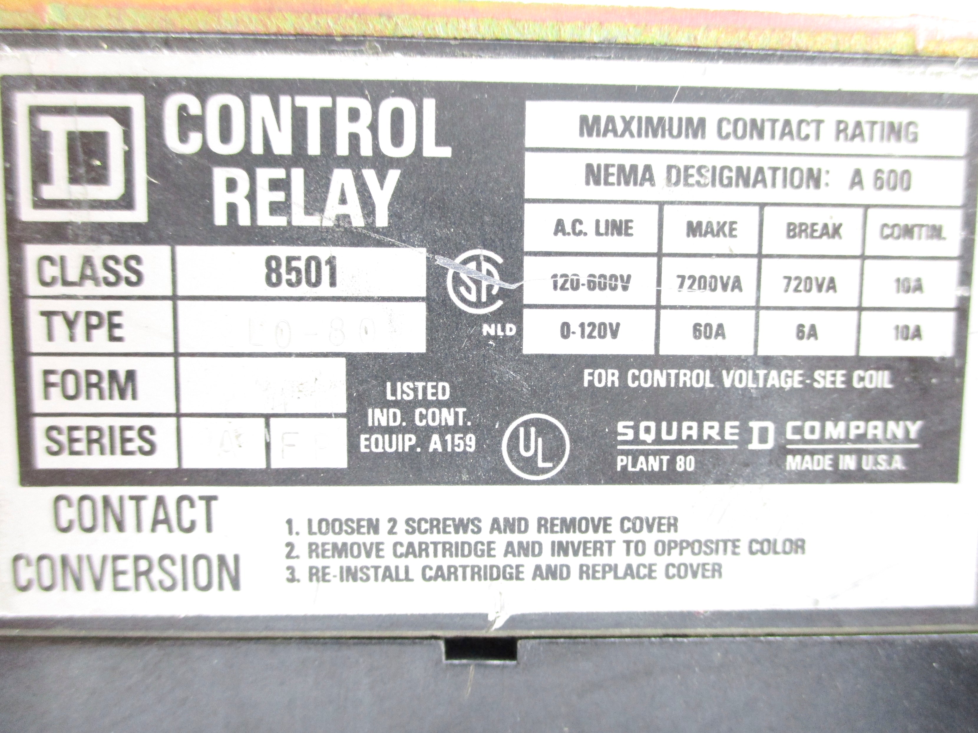 SQUARE D 8501LO80V02 SER. A 110-120V NSNP