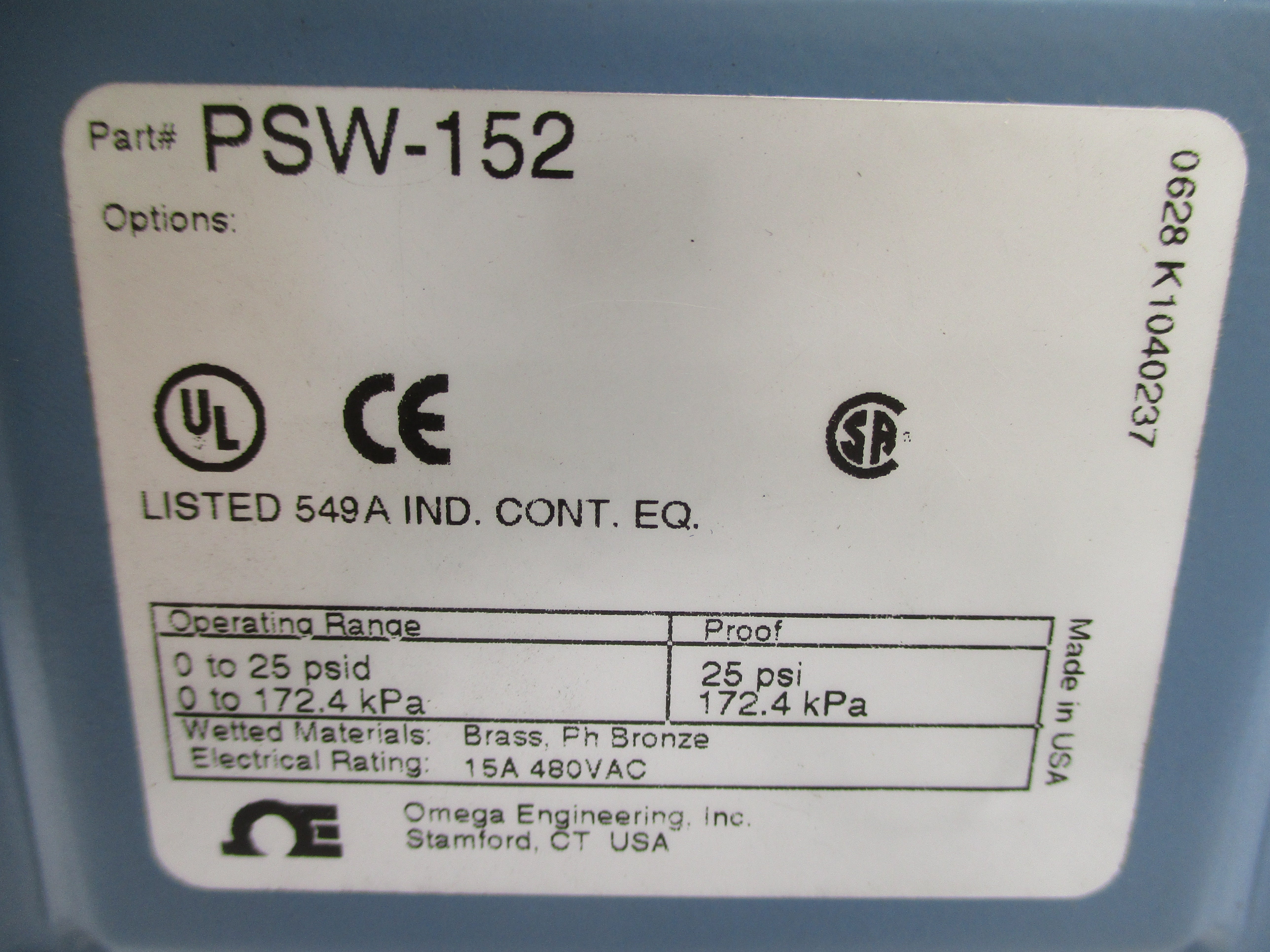 OMEGA ENGINEERING PSW-152 25PSI NSNP