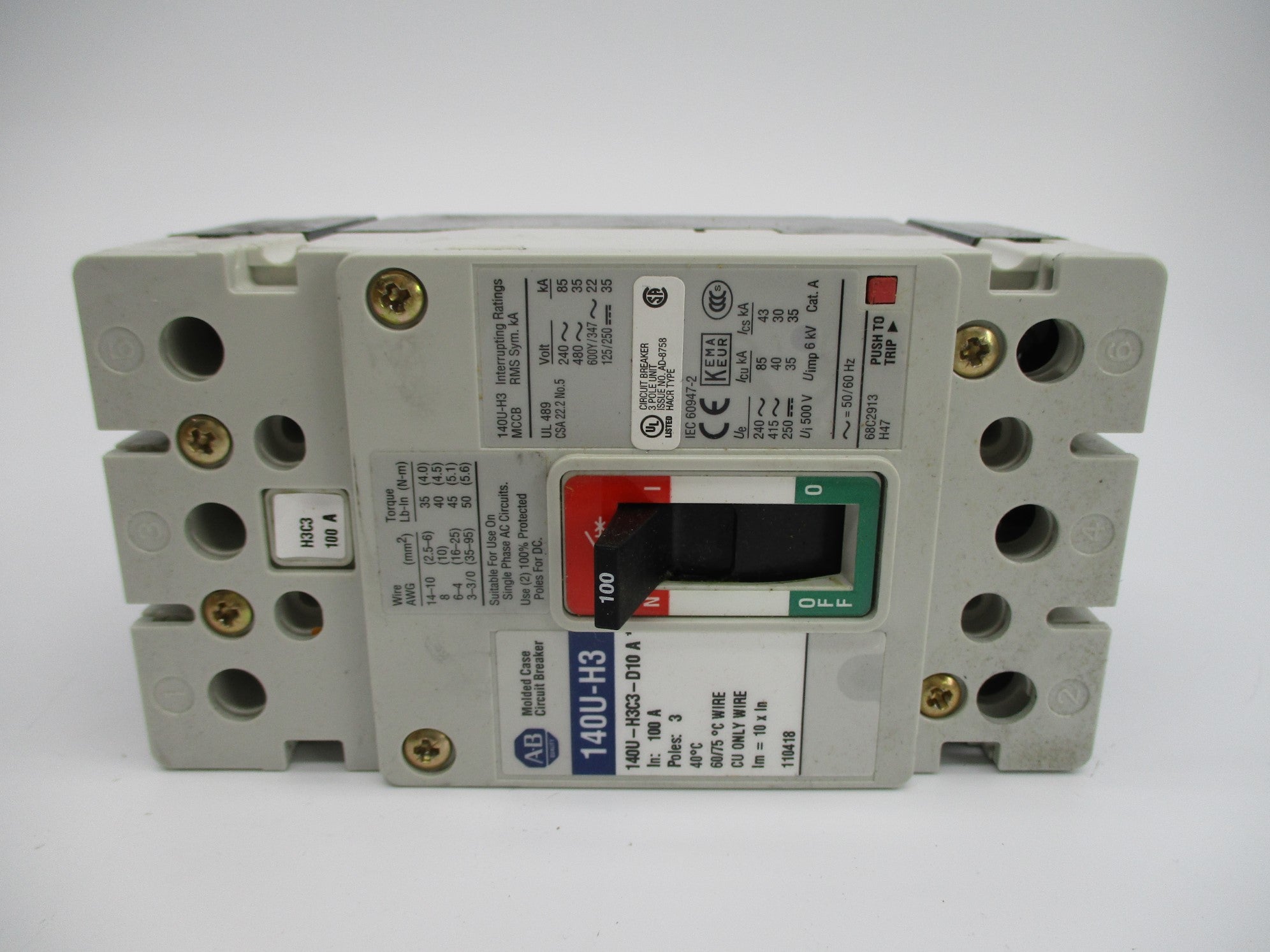 ALLEN BRADLEY 140U-H3C3-D10 SER. A 100A 240/480V (BR/WH) NSMP