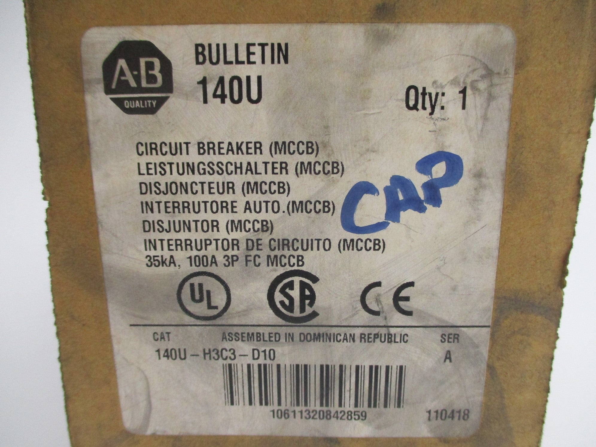 ALLEN BRADLEY 140U-H3C3-D10 SER. A 100A 240/480V (BR/WH) NSMP
