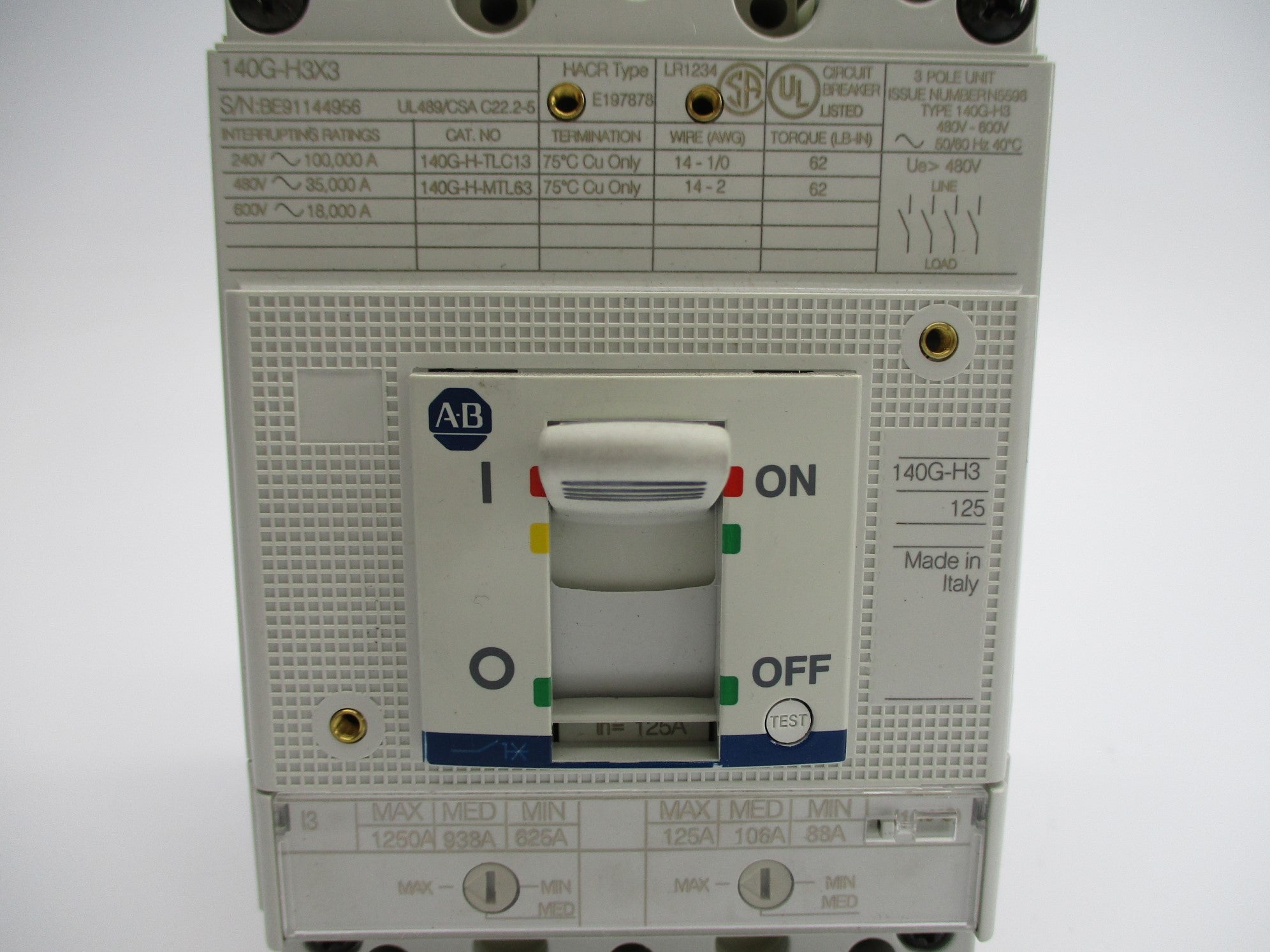 ALLEN BRADLEY 140G-H3F3-D12 SER. A 125A 480/600V NSNP
