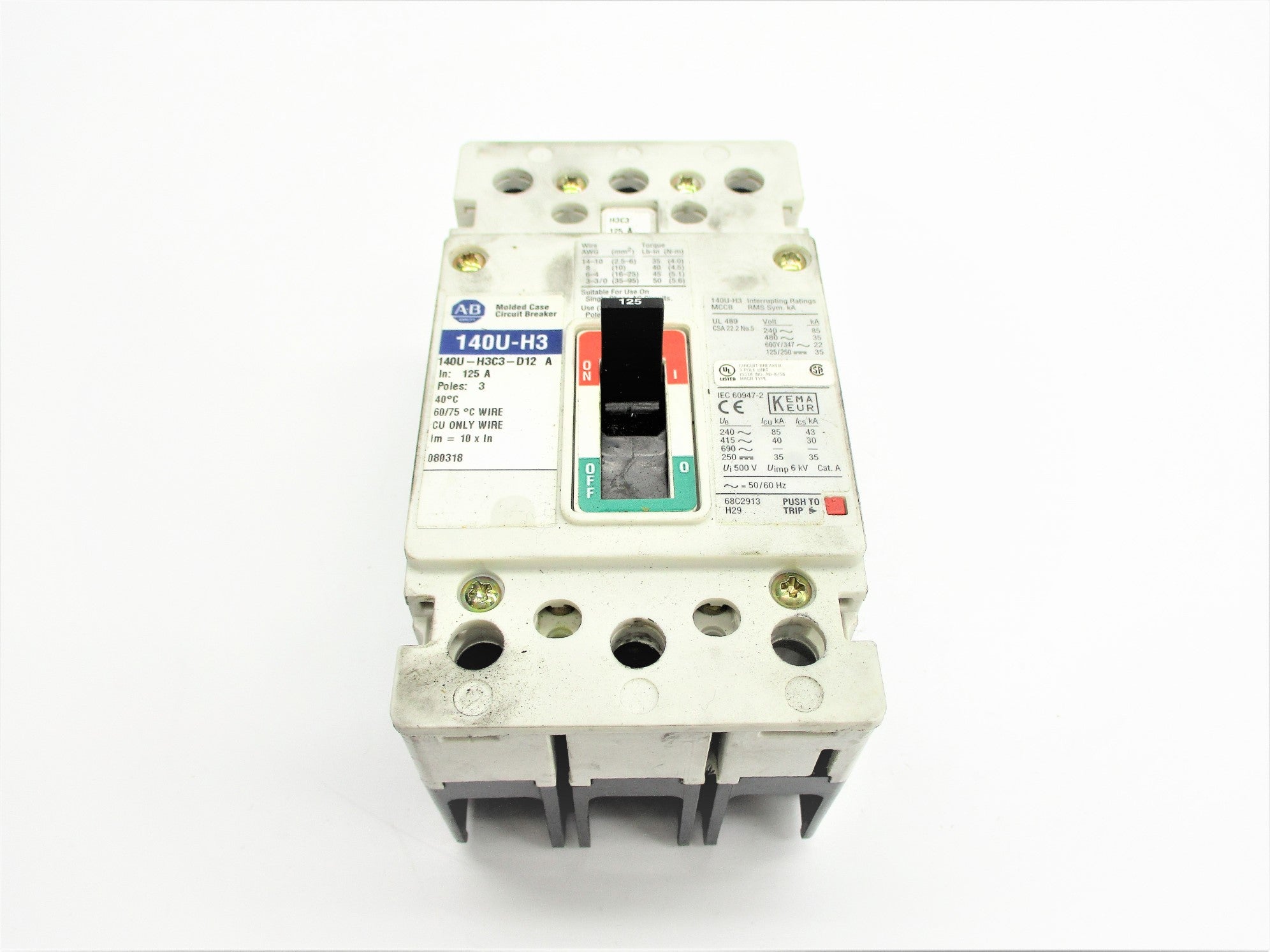 ALLEN BRADLEY 140U-H3C3-D12 SER. A 125A 240/480V UNMP