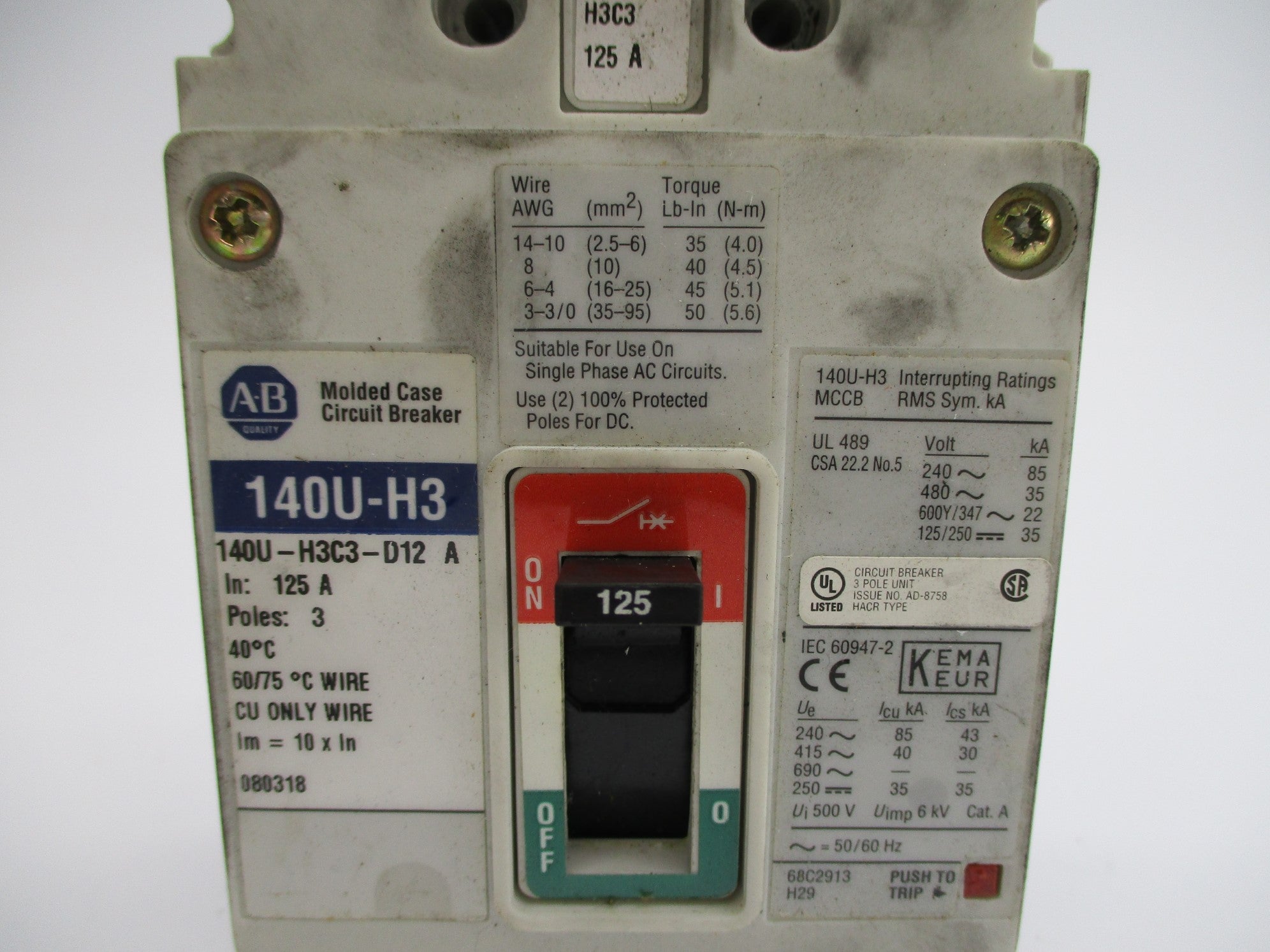 ALLEN BRADLEY 140U-H3C3-D12 SER. A 125A 240/480V UNMP