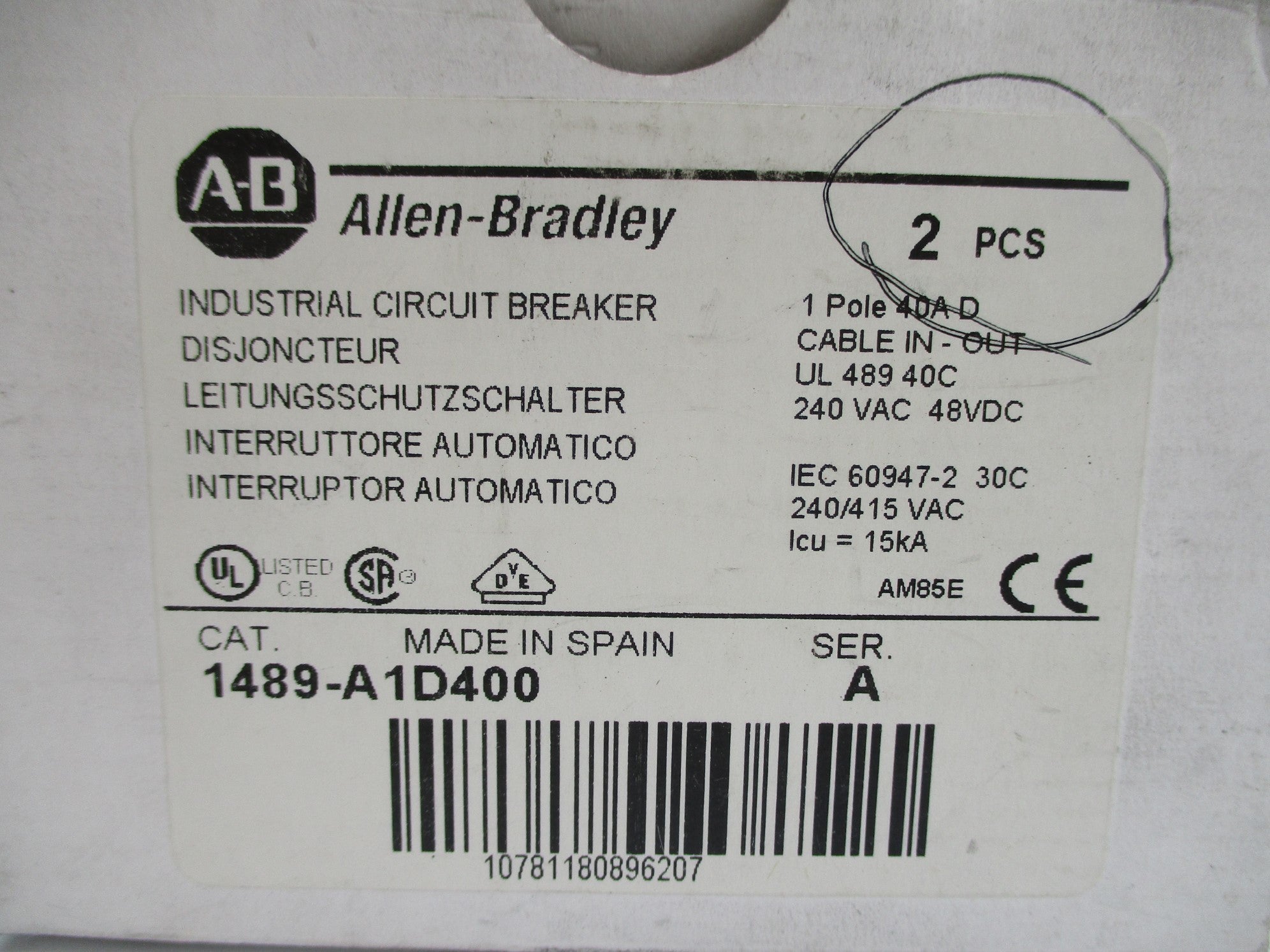 ALLEN BRADLEY 1489-A1D400 SER. A 40A 240VAC (PKG OF 2) NSMP