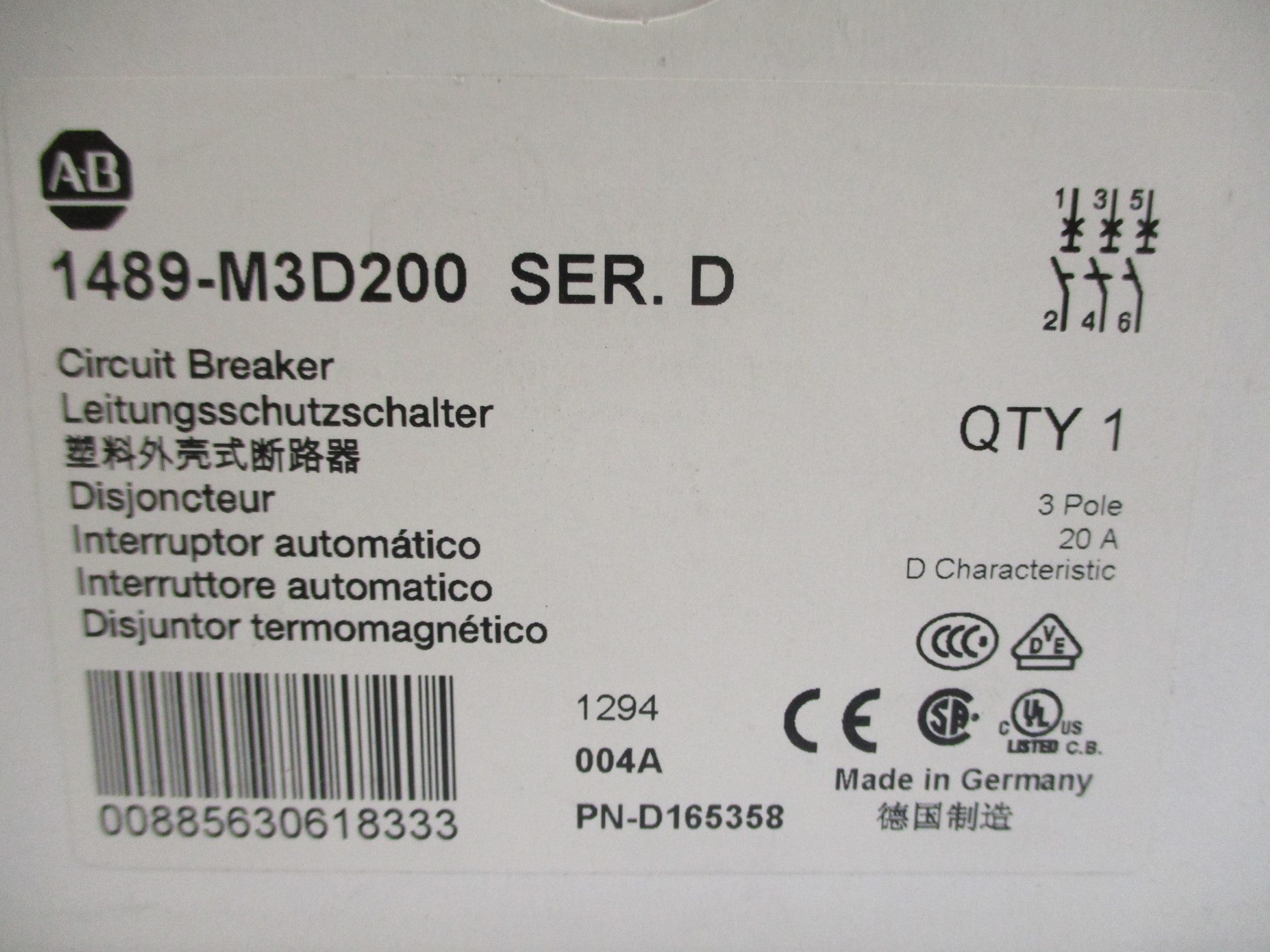ALLEN BRADLEY 1489-M3D200 SER. D 20A 277V NSMP