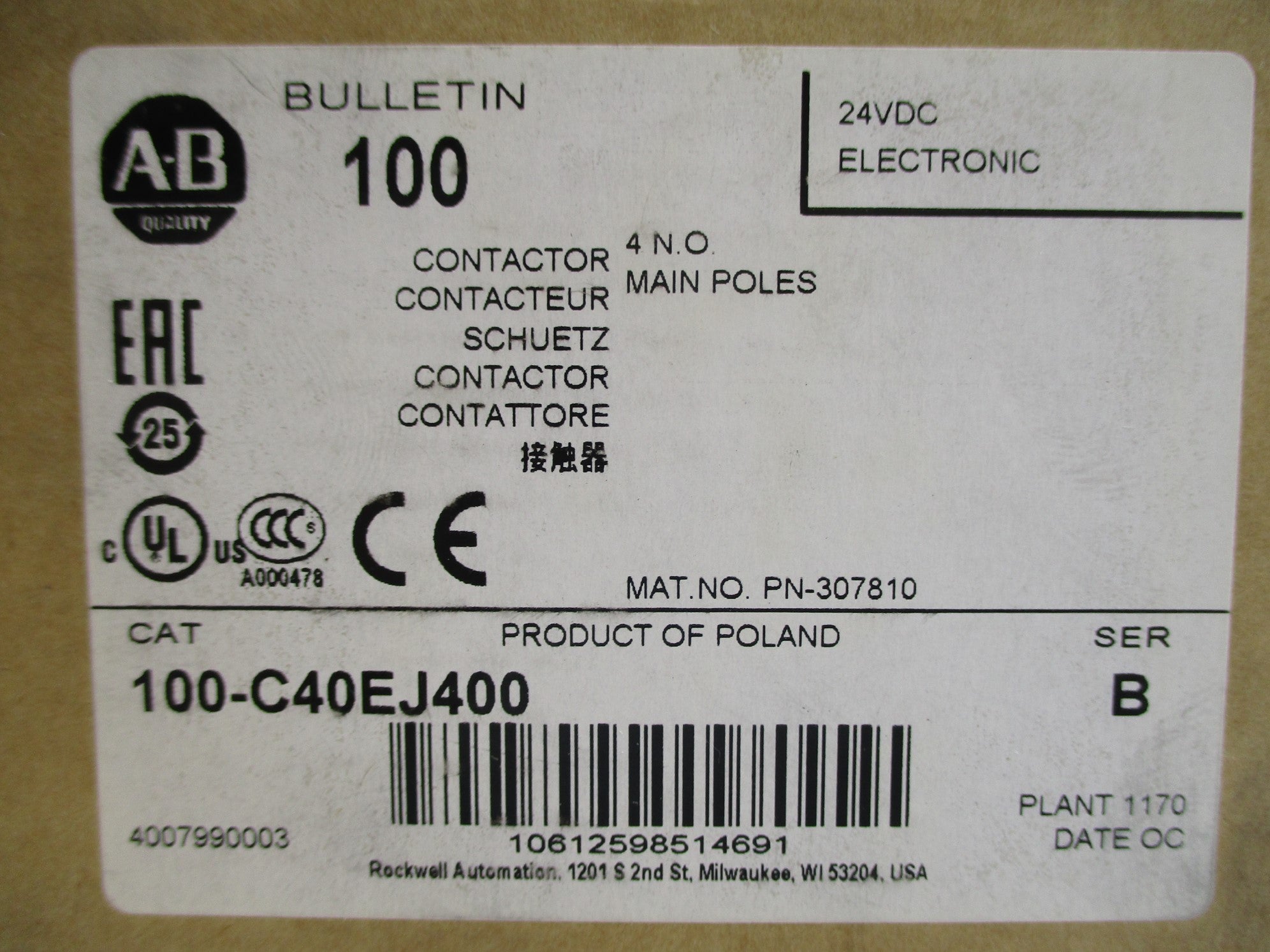 ALLEN BRADLEY 100-C40EJ400 SER. B 24VDC (BR/WH) NSMP