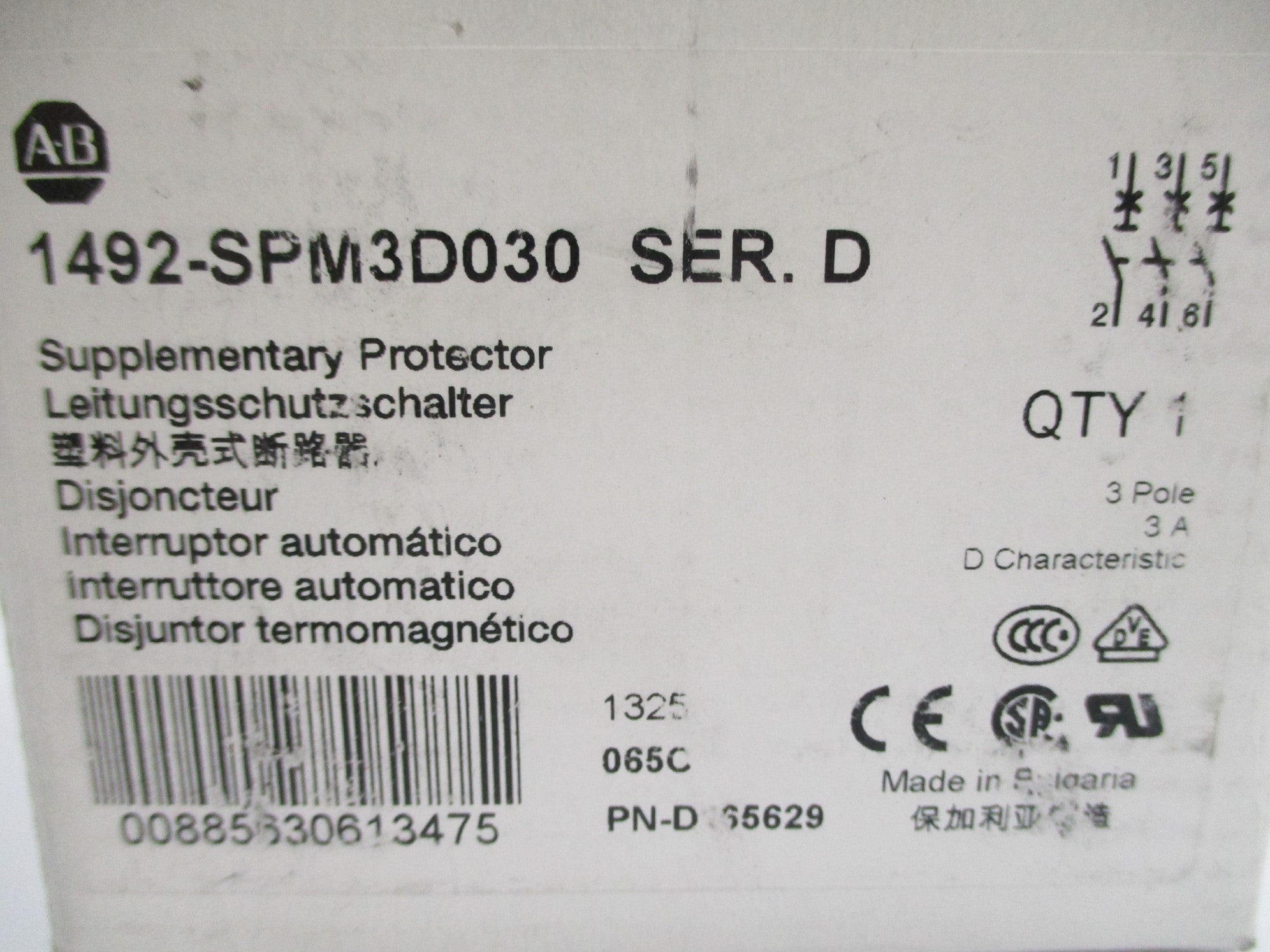 ALLEN BRADLEY 1492-SPM3D030 SER. D 277VAC 3A NSMP