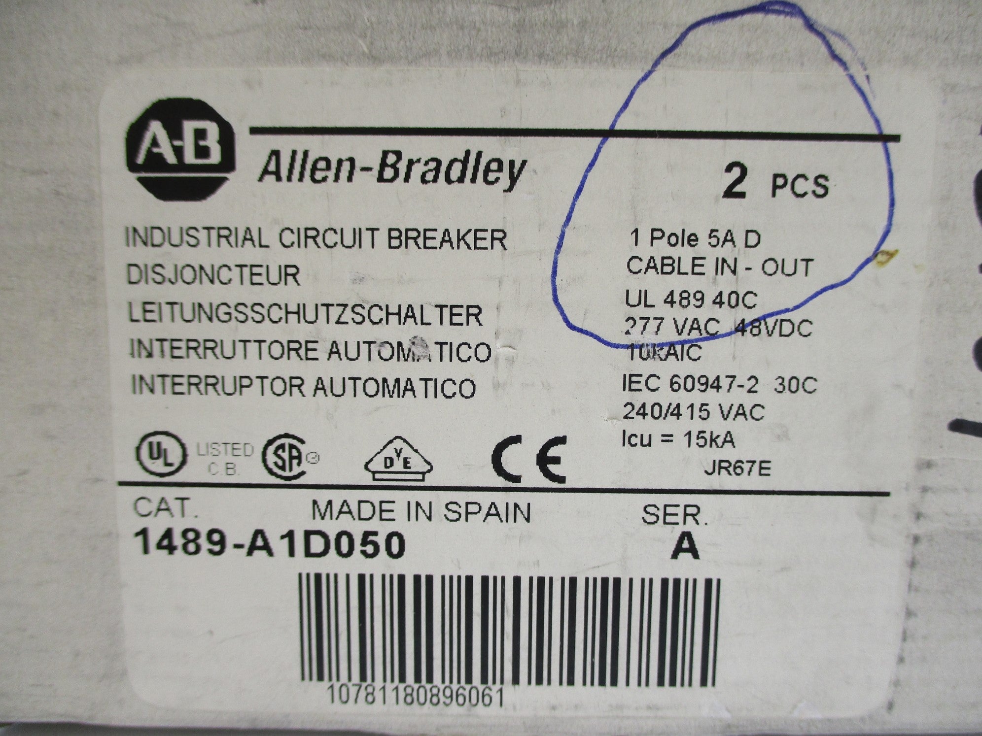 ALLEN BRADLEY 1489-A1D050 SER. A 5A 277VAC (PKG OF 2) NSMP
