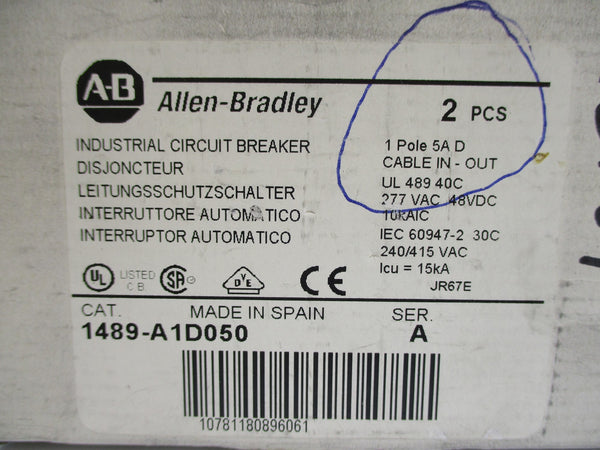 ALLEN BRADLEY 1489-A1D050 SER. A 5A 277VAC (PKG OF 2) NSMP