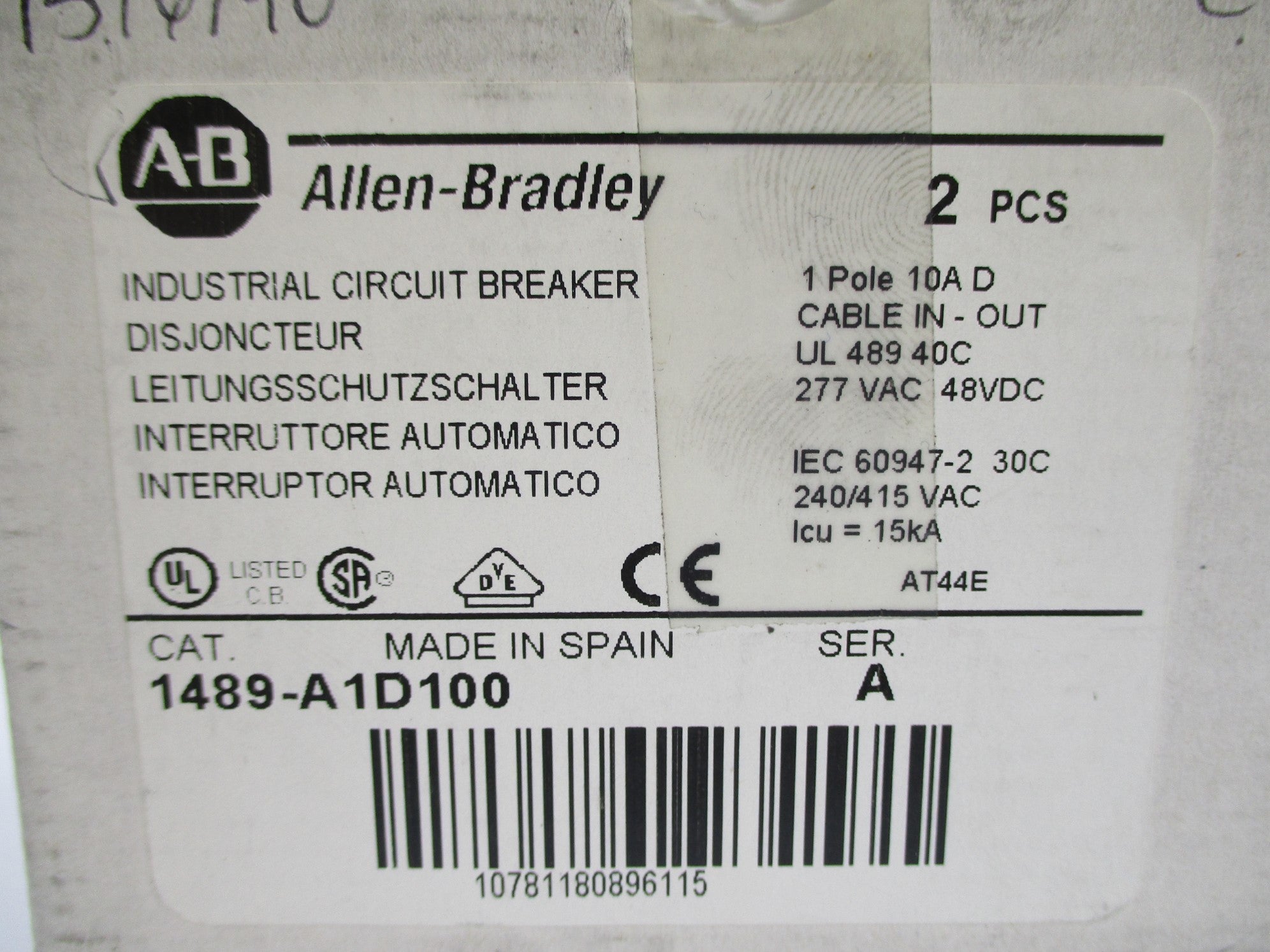 ALLEN BRADLEY 1489-A1D100 SER. A 10A 277VAC (PKG OF 2) NSMP