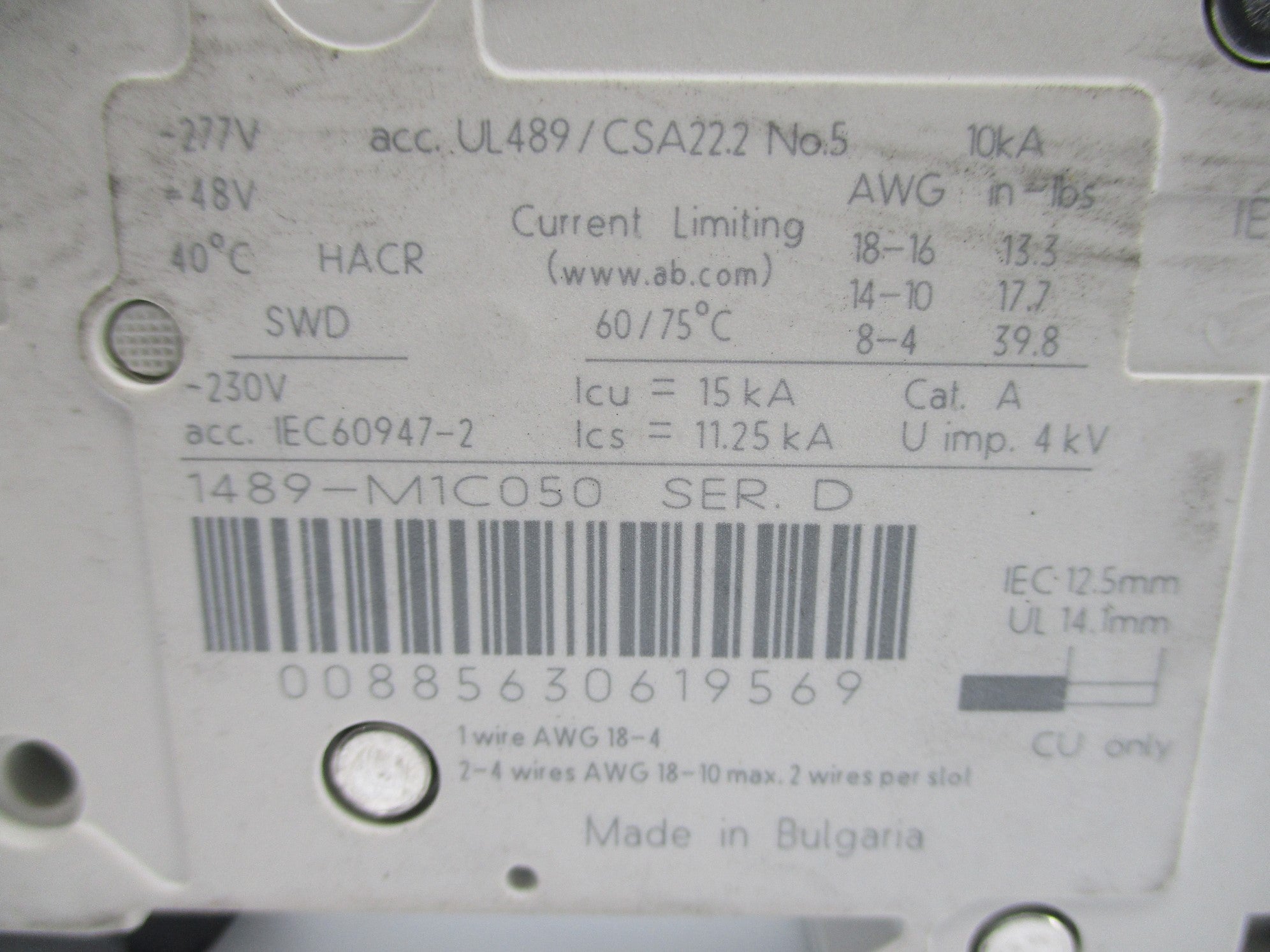 ALLEN BRADLEY 1489-M1C050 SER. D 277V 5A UNMP