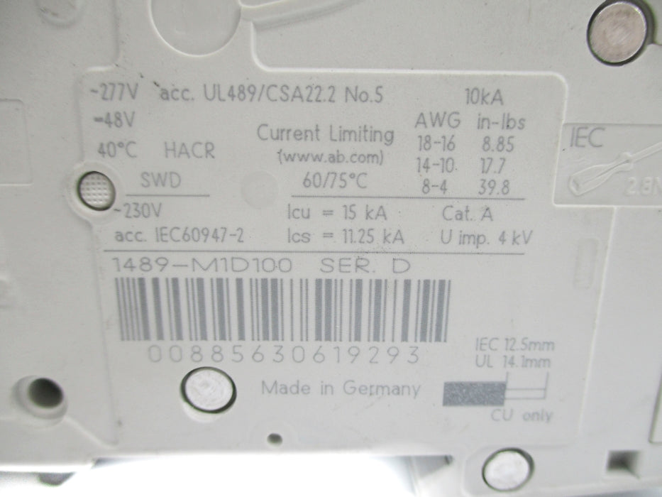ALLEN BRADLEY 1489-M1D100 SER. D 10A 277V UNMP