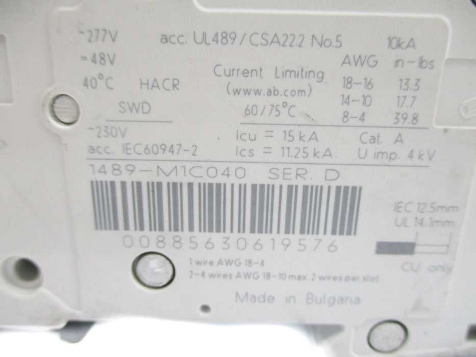 ALLEN BRADLEY 1489-M1C040 SER. D 4A 277V UNMP