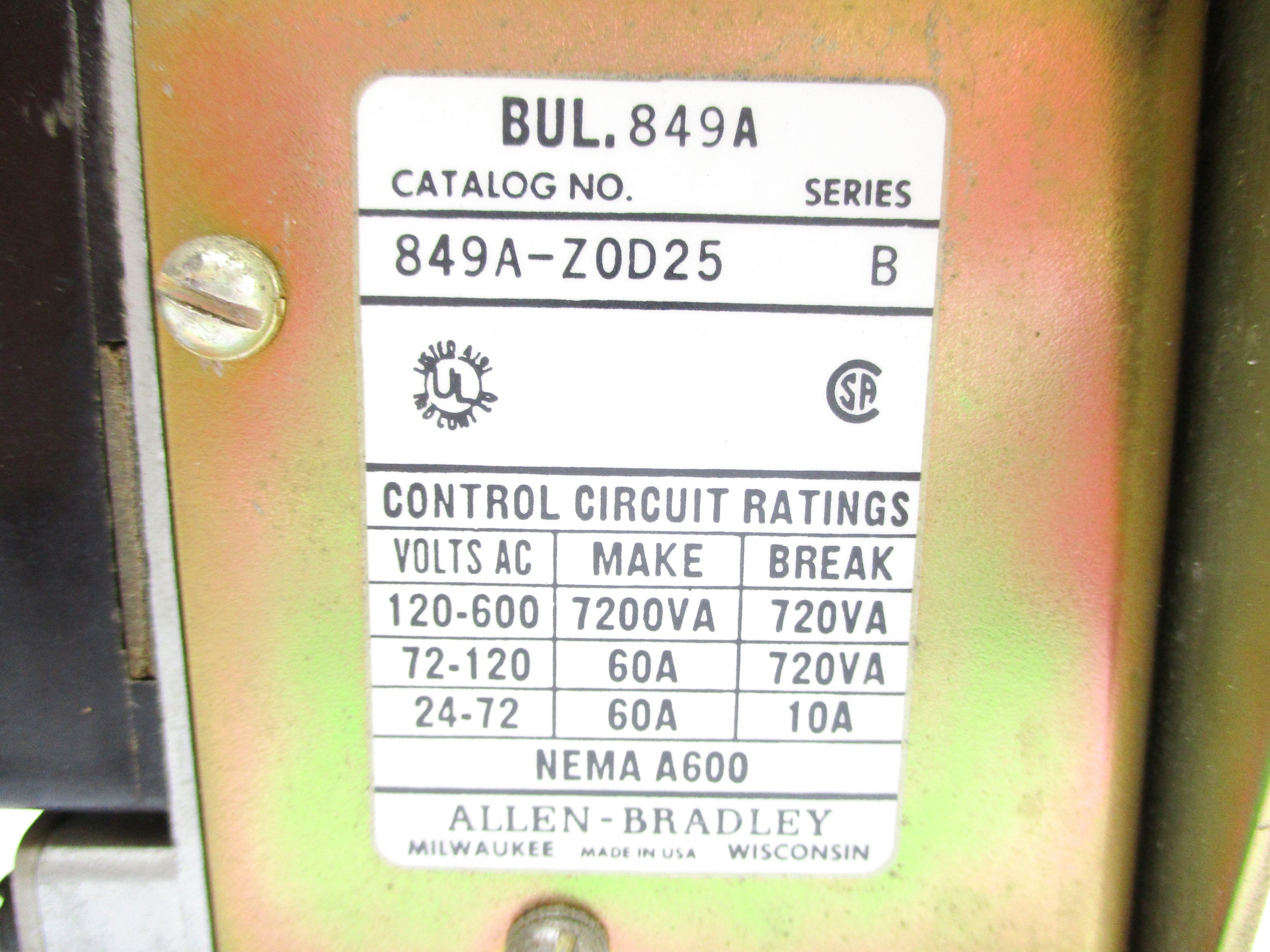 INDUSTRIAL SPARE PART 849A-Z0D25 SER. B 110/120V NSNP