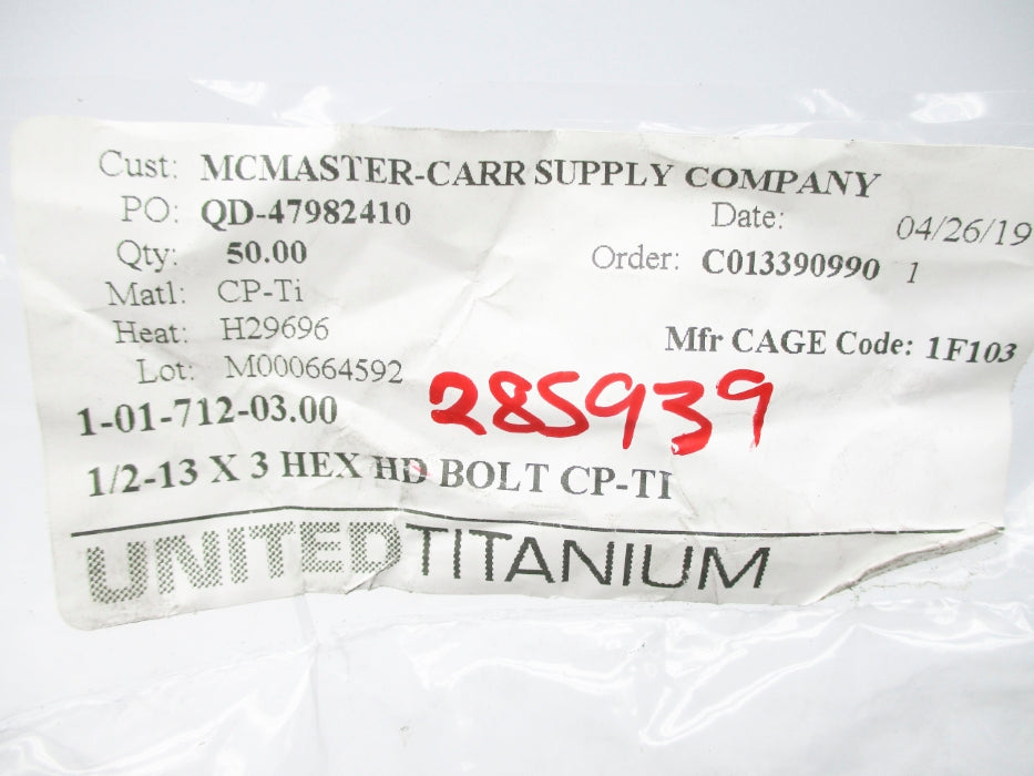 UNITED TITANIUM 1/2-13X3HEXHDBOLTCP-TI (PKG OF 50) NSMP