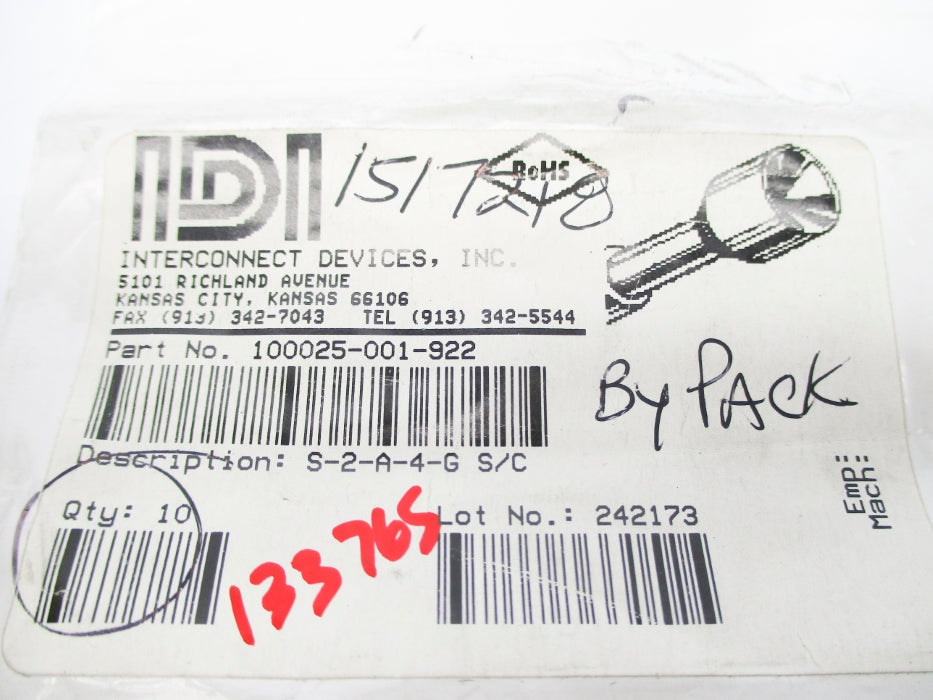 IDI 100025-001-922 S-2-A-4-G-S/C (PKG OF 10) NSMP