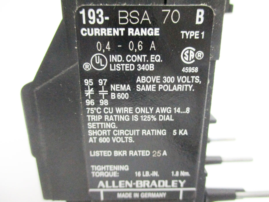 INDUSTRIAL SPARE PART 193-BSA70 SER. B 600V 0.4-0.6A NSNP